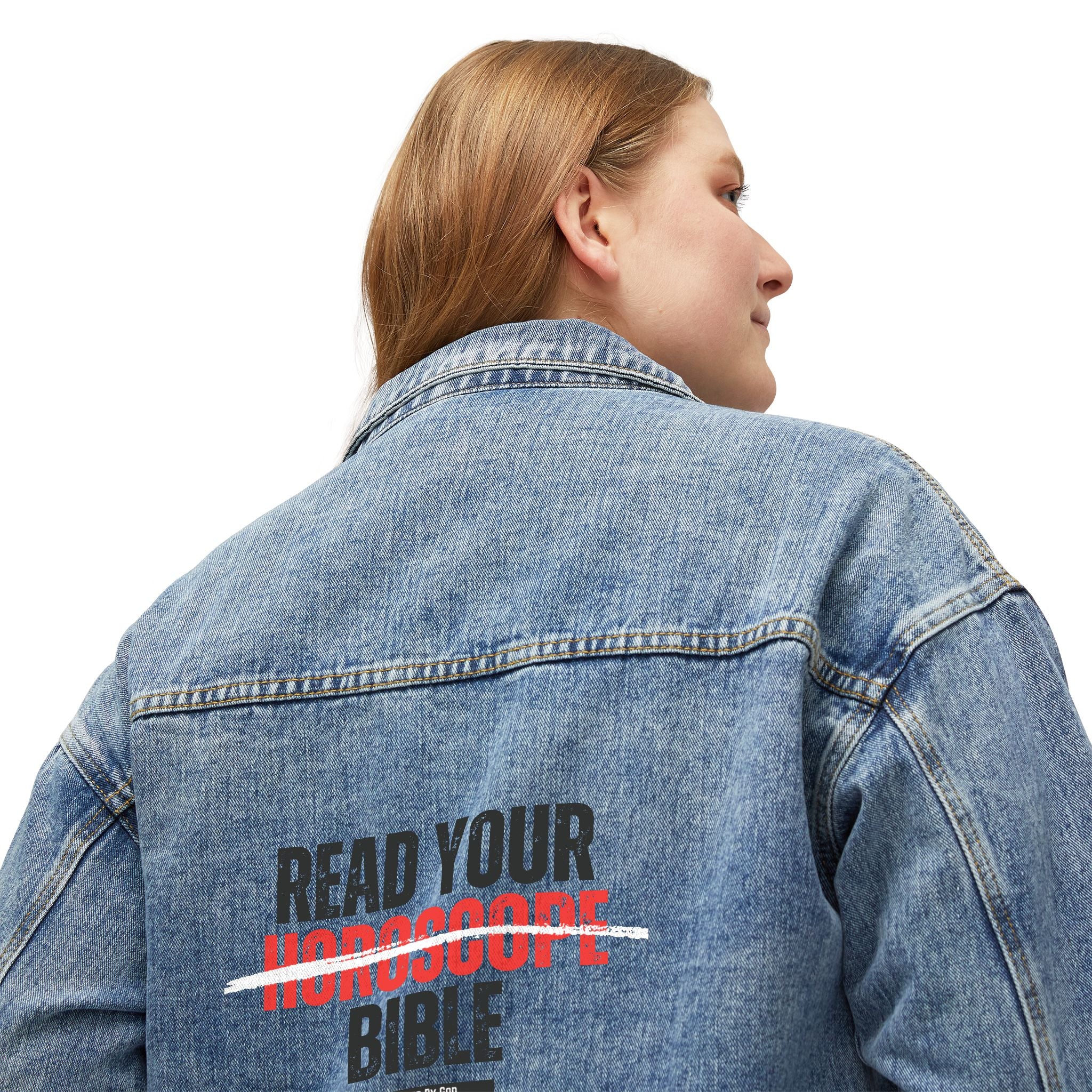 Denim Jacket — 'Read Your Bible' Graphic Back Print, Women's Casual Vintage Jean Jacket