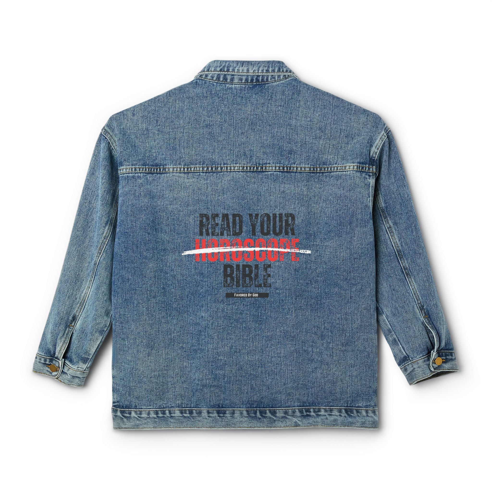 Denim Jacket — 'Read Your Bible' Graphic Back Print, Women's Casual Vintage Jean Jacket